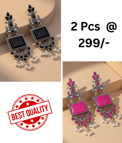 Oxidized Peacock Earrings with Black & Mint Stones | Shop Now