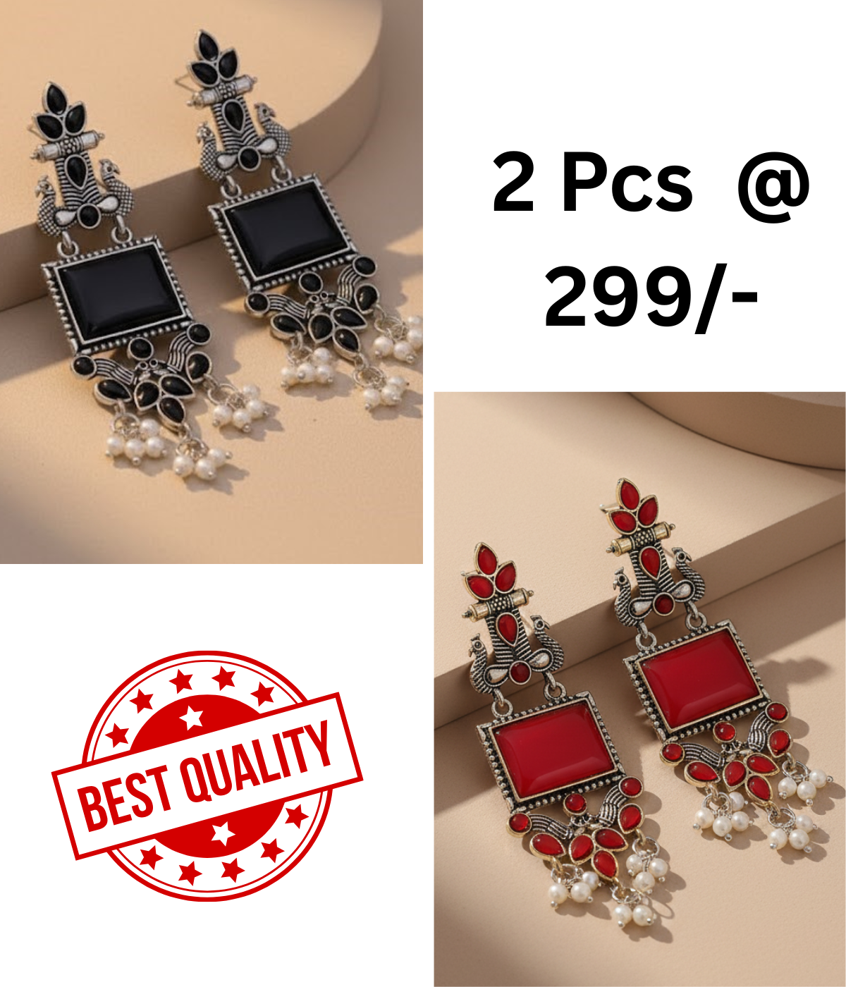 Oxidized Peacock Earrings with Black & Mint Stones | Shop Now