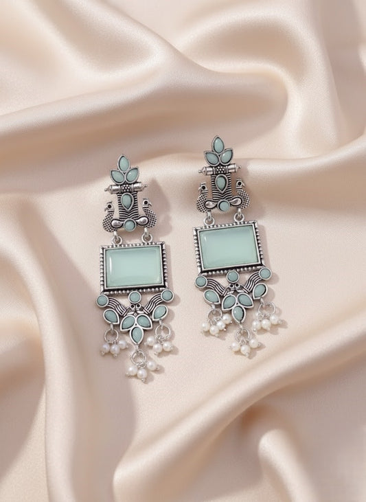 Stunning Oxidized Silver Peacock & Mint Green Stone Drop Earrings with Pearls