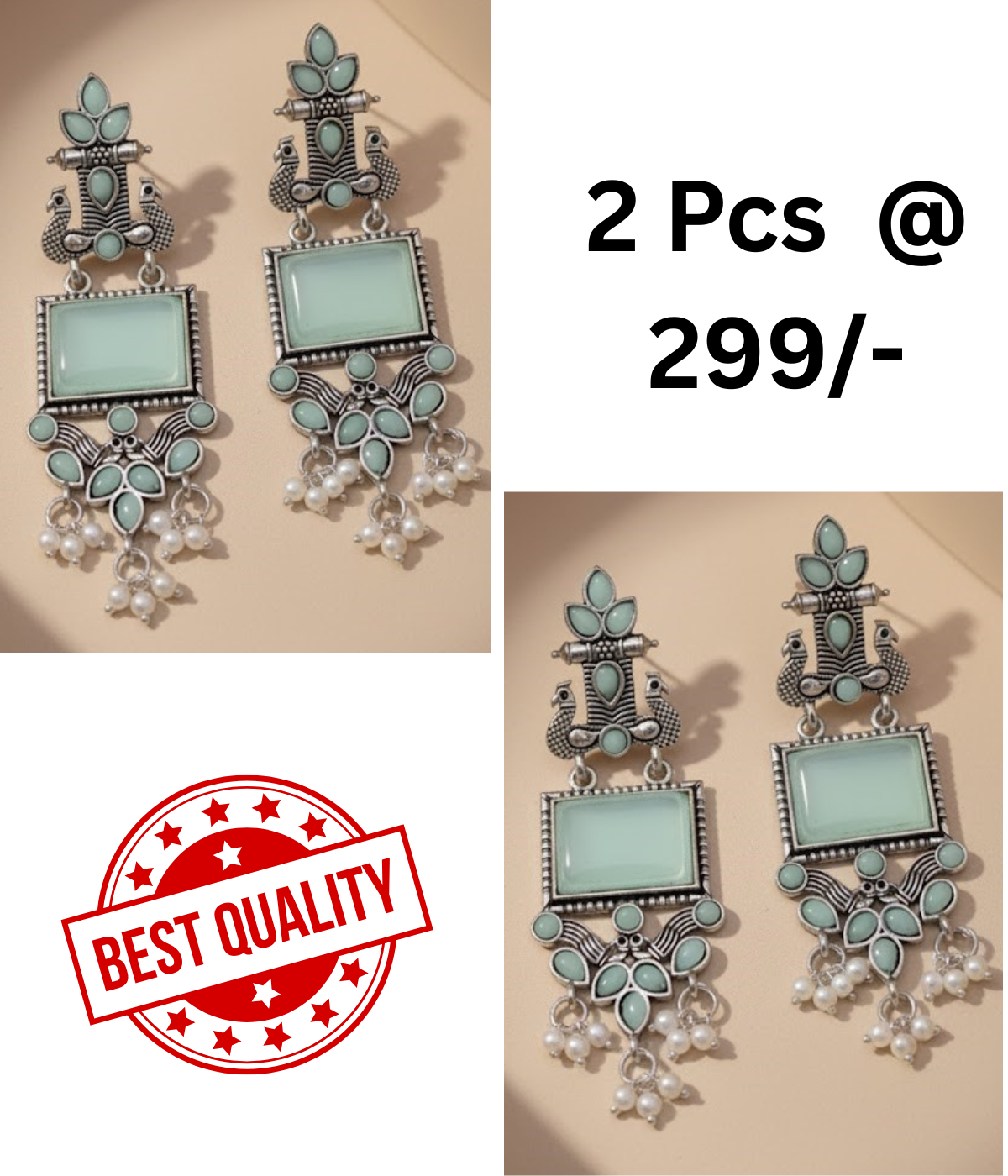 Stunning Oxidized Silver Peacock & Mint Green Stone Statement Earrings