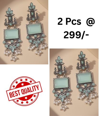 Stunning Oxidized Silver Peacock & Mint Green Stone Statement Earrings