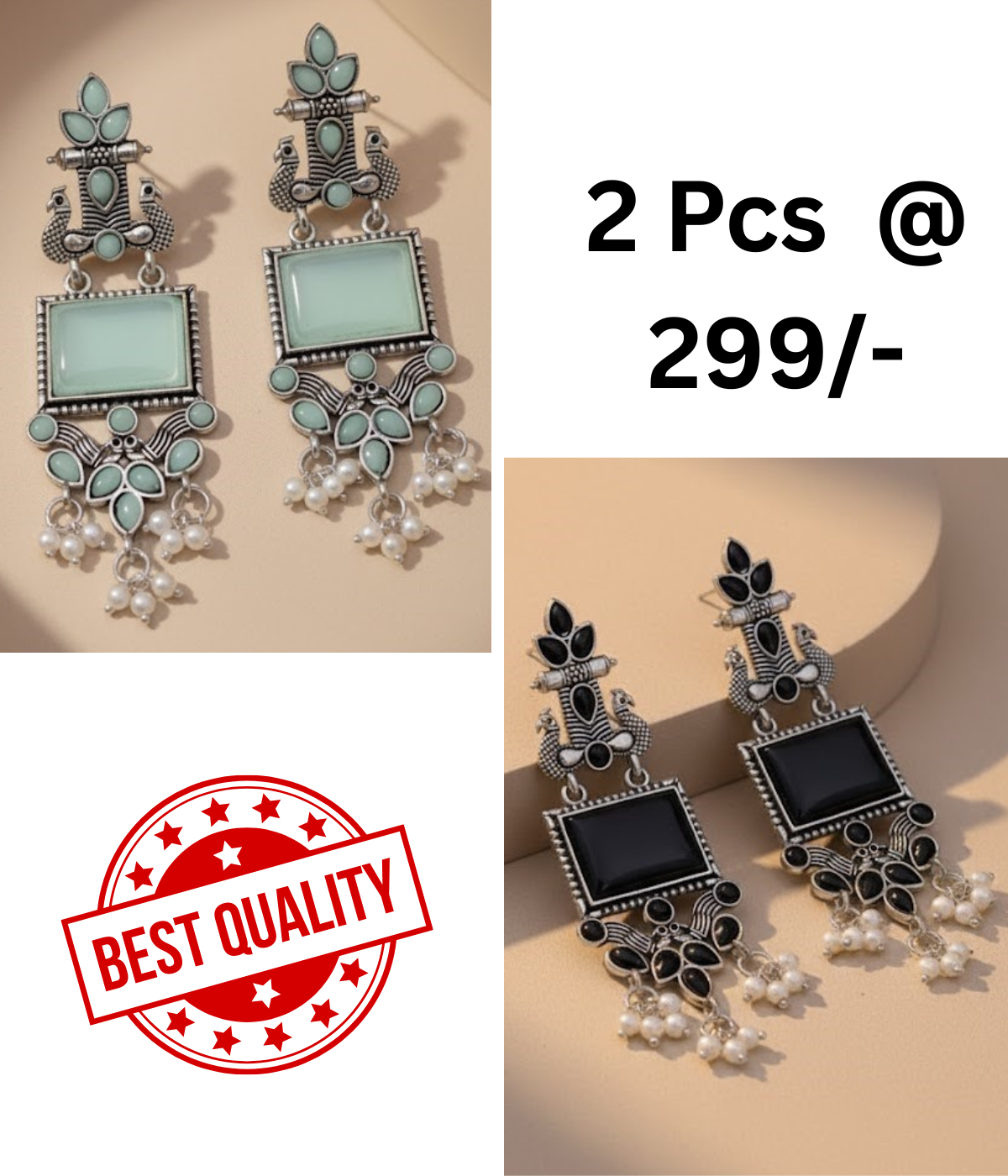 Stunning Oxidized Silver Peacock & Mint Green Stone Statement Earrings