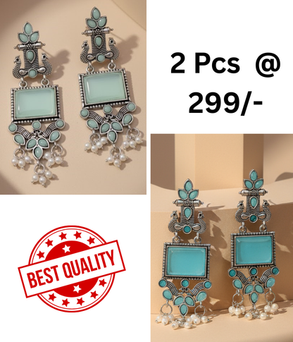 Stunning Oxidized Silver Peacock & Mint Green Stone Statement Earrings