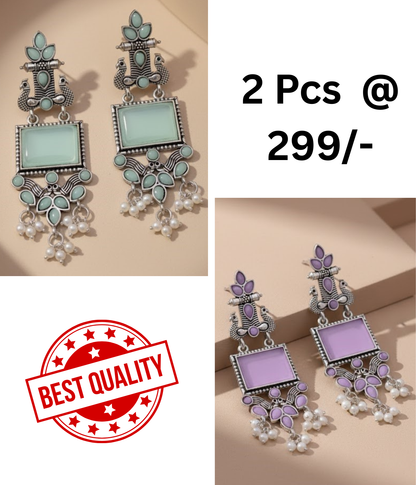 Stunning Oxidized Silver Peacock & Mint Green Stone Statement Earrings