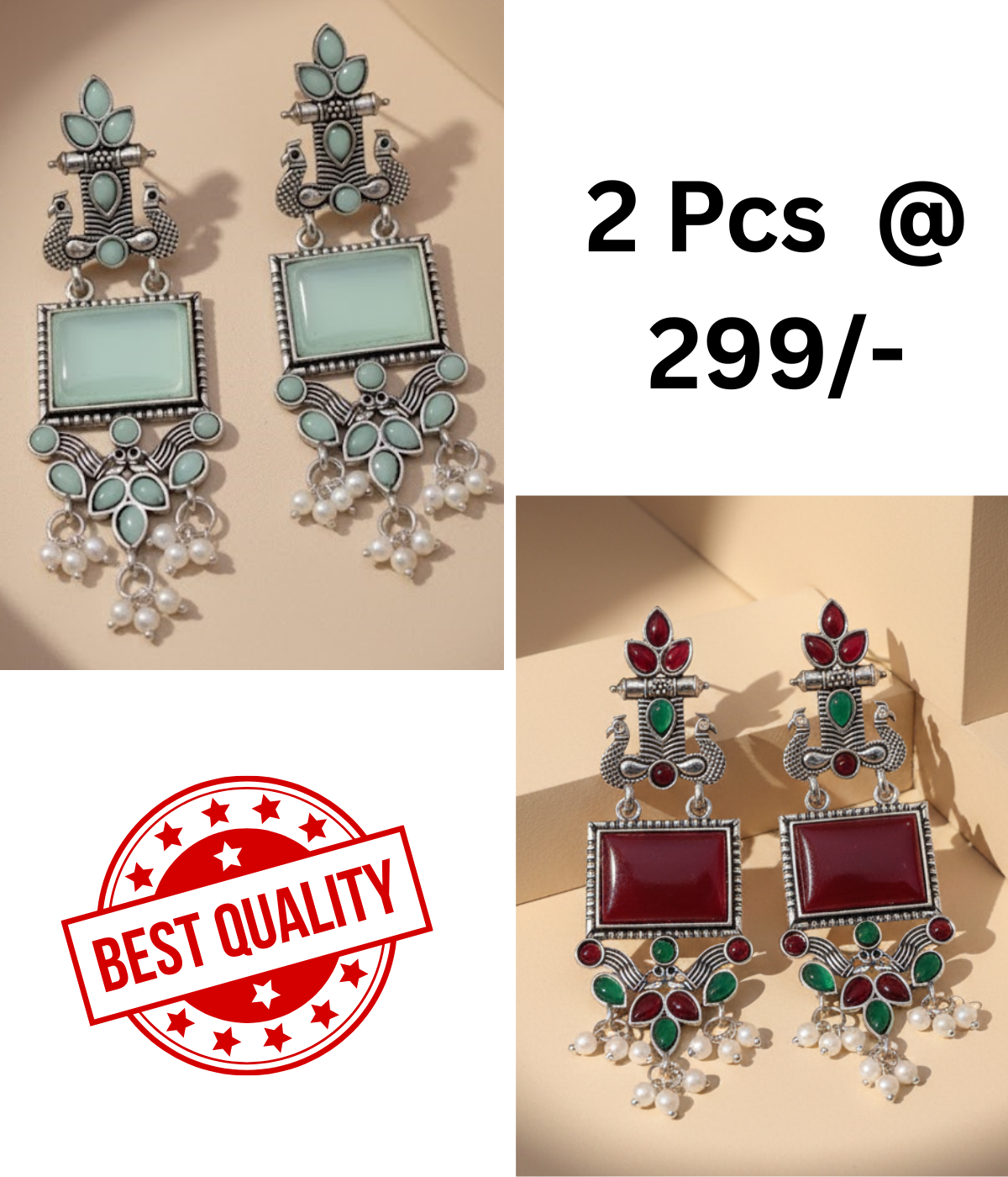 Stunning Oxidized Silver Peacock & Mint Green Stone Statement Earrings