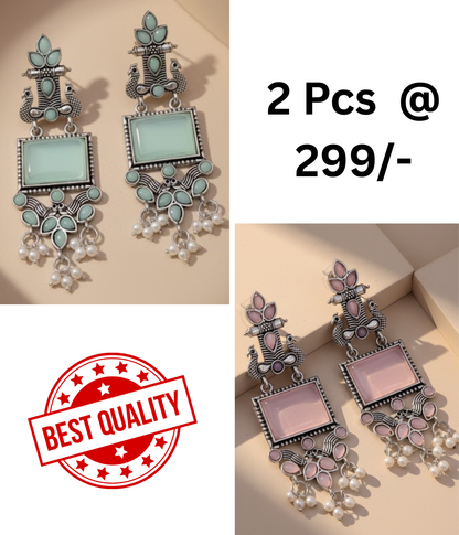 Stunning Oxidized Silver Peacock & Mint Green Stone Statement Earrings