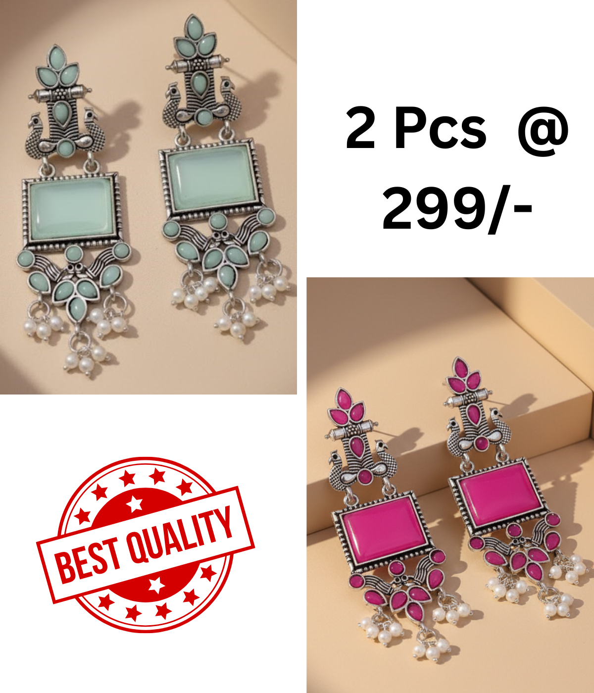 Stunning Oxidized Silver Peacock & Mint Green Stone Statement Earrings