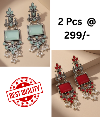 Stunning Oxidized Silver Peacock & Mint Green Stone Statement Earrings