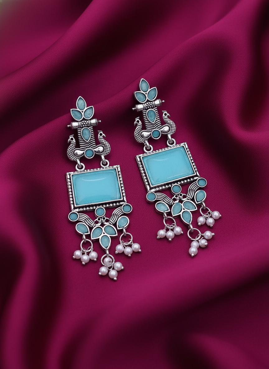 Exquisite Oxidized Silver Turquoise Peacock Dangle Earrings