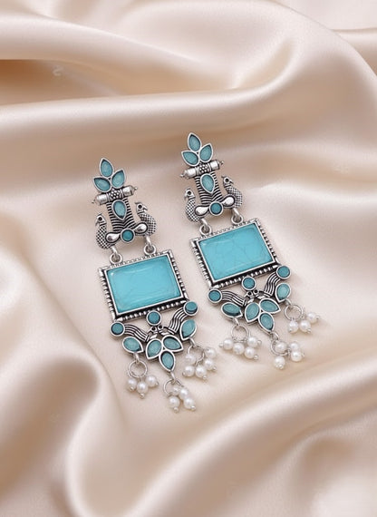 Oxidized Peacock Earrings with Black & Mint Stones | Shop Now