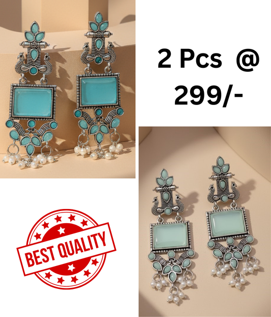 Stunning Oxidized Peacock Drop Earrings with Turquoise & Mint Stones