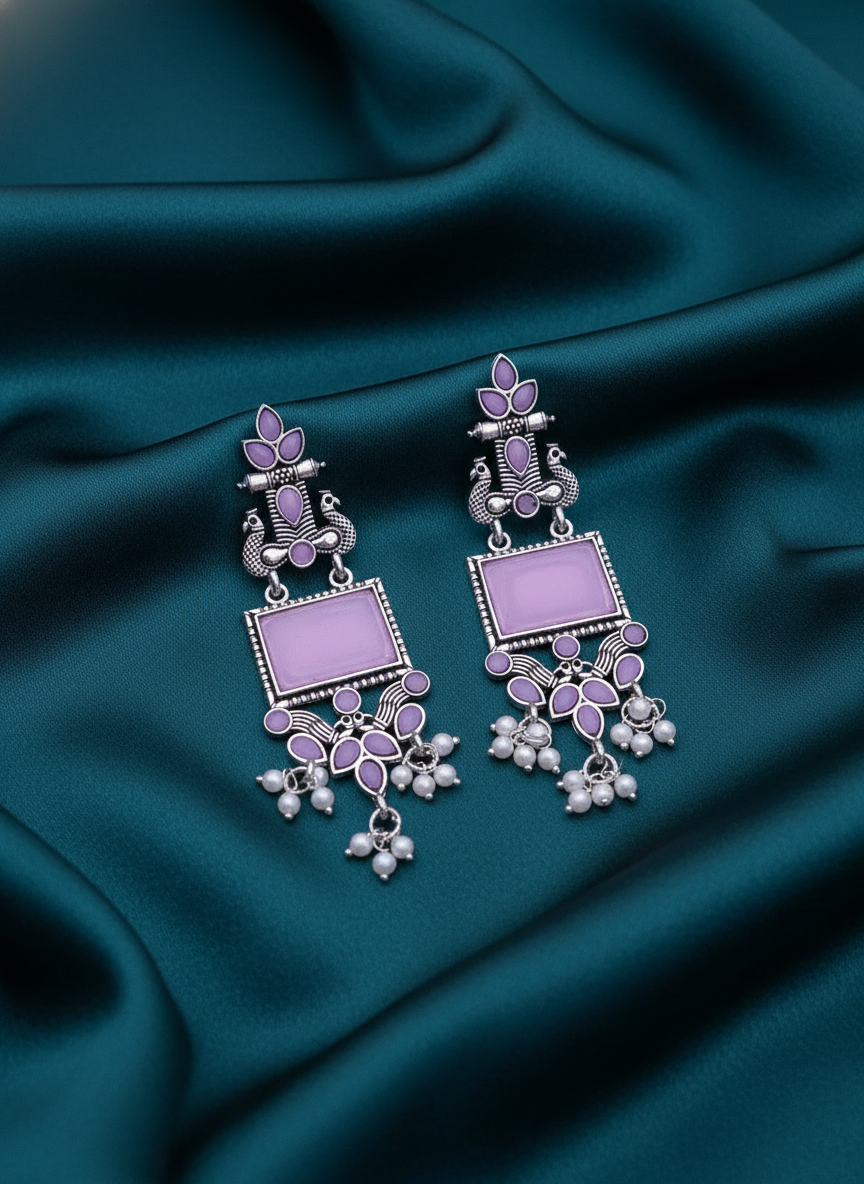 Exquisite Lavender & Oxidized Silver Peacock Dangle Earrings with Pearls