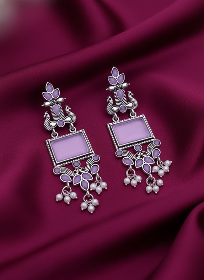 Exquisite Lavender & Oxidized Silver Peacock Dangle Earrings with Pearls