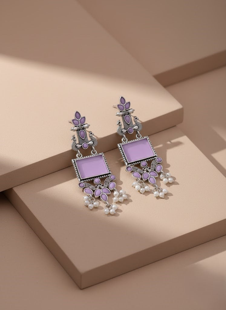 Exquisite Lavender & Oxidized Silver Peacock Dangle Earrings with Pearls