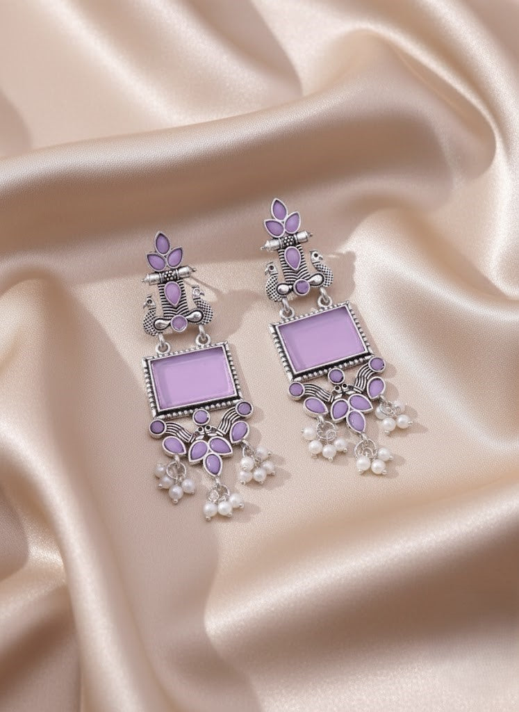 Exquisite Lavender & Oxidized Silver Peacock Dangle Earrings with Pearls