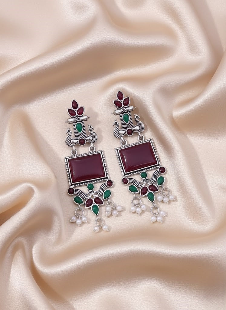 Vibrant Oxidized Peacock Drop Earrings with Magenta and Mint Green Stones
