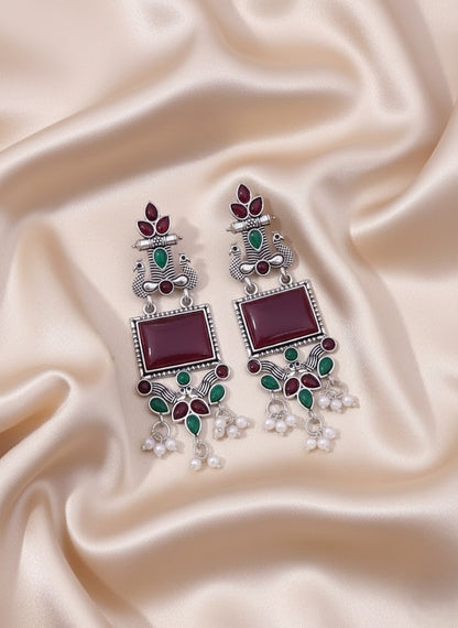Vibrant Oxidized Peacock Drop Earrings with Magenta and Mint Green Stones