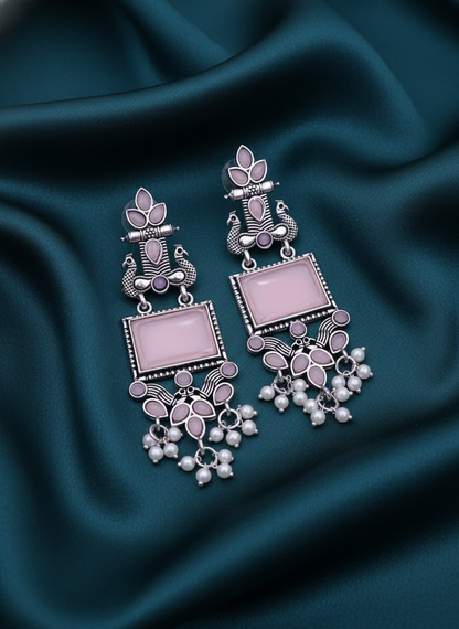 Oxidized Silver Peacock & Pink Stone Dangle Earrings