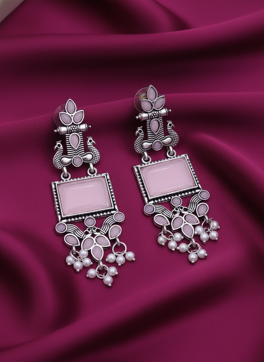 Oxidized Silver Peacock & Pink Stone Dangle Earrings