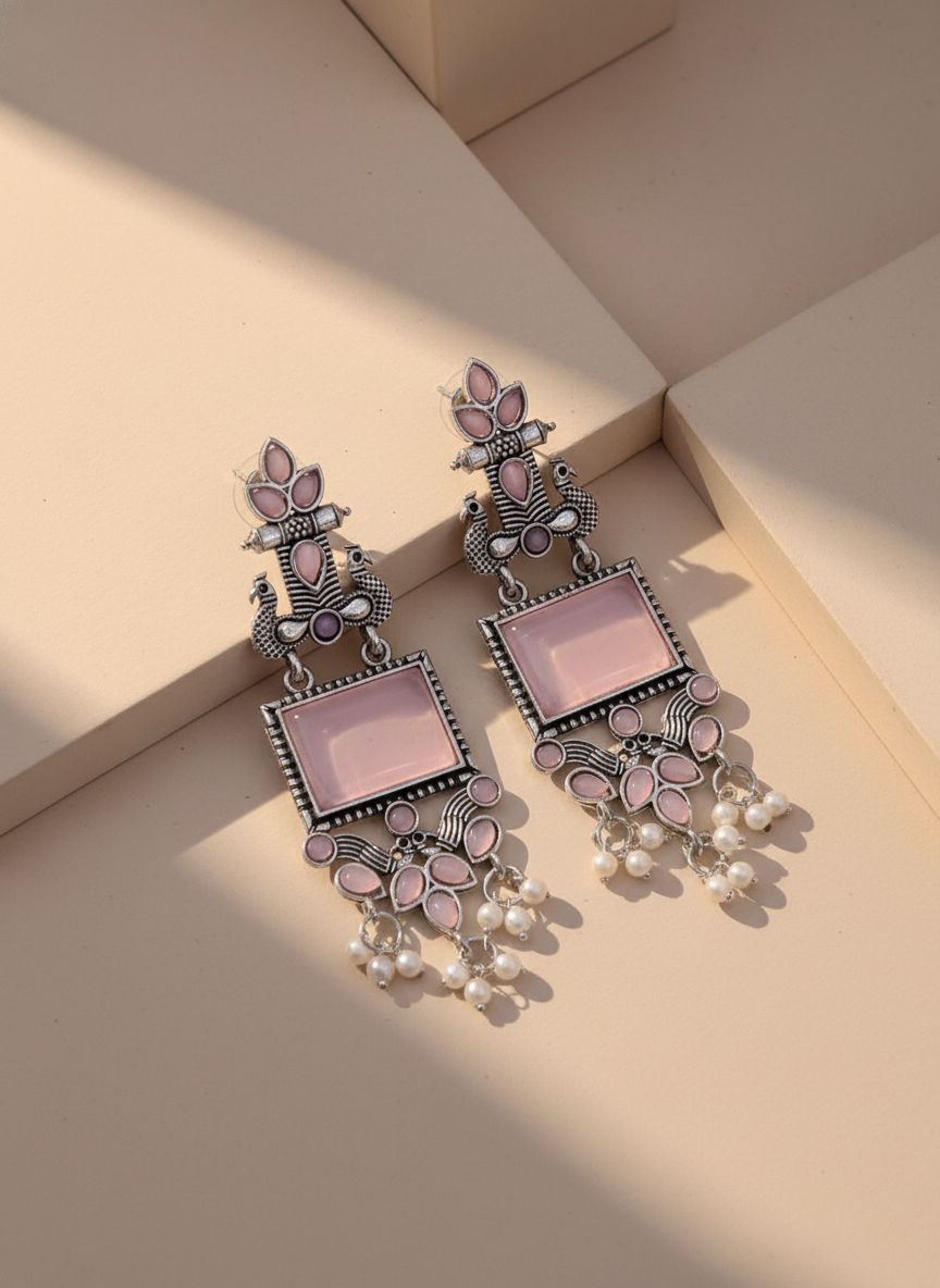 Oxidized Silver Peacock & Pink Stone Dangle Earrings