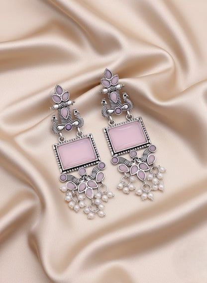 Oxidized Peacock Earrings with Black & Mint Stones | Shop Now