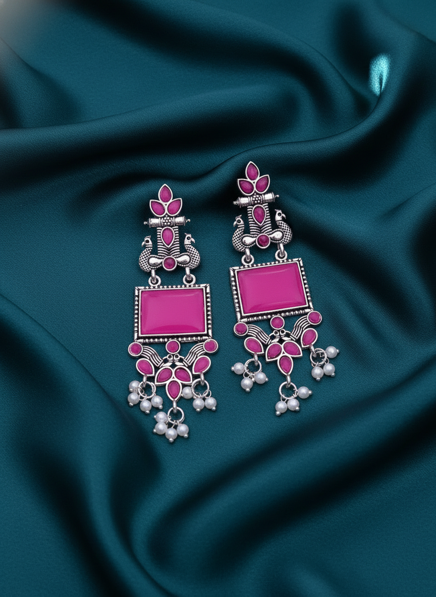 Vibrant Pink Enamel Oxidized Silver Peacock & Pearl Drop Earrings