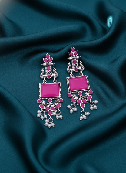 Vibrant Pink Enamel Oxidized Silver Peacock & Pearl Drop Earrings
