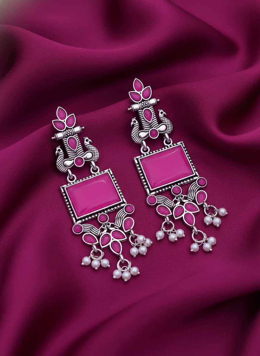 Vibrant Pink Enamel Oxidized Silver Peacock & Pearl Drop Earrings