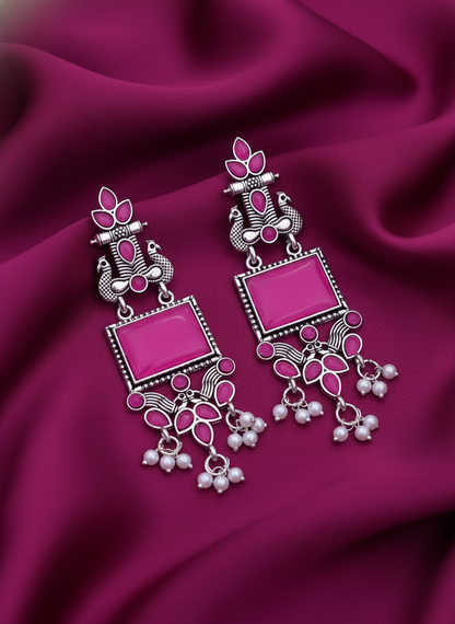 Vibrant Pink Enamel Oxidized Silver Peacock & Pearl Drop Earrings