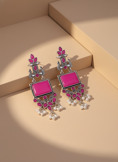 Vibrant Pink Enamel Oxidized Silver Peacock & Pearl Drop Earrings
