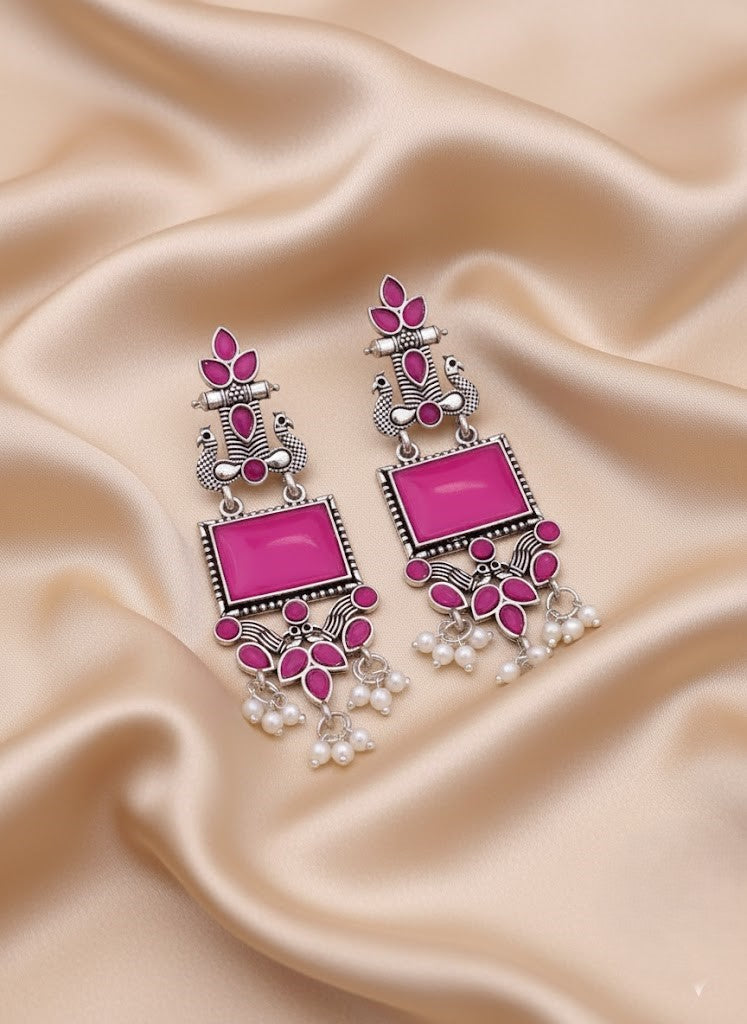 Stunning Oxidized Peacock Dangle Earrings in Red & Black