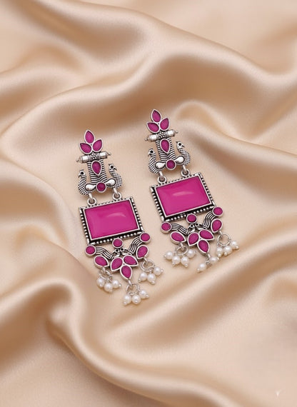 Oxidized Peacock Earrings with Black & Mint Stones | Shop Now