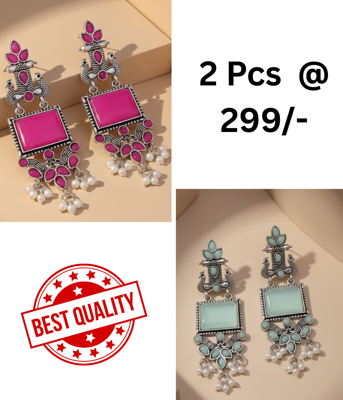 Vibrant Oxidized Peacock Drop Earrings with Magenta and Mint Green Stones