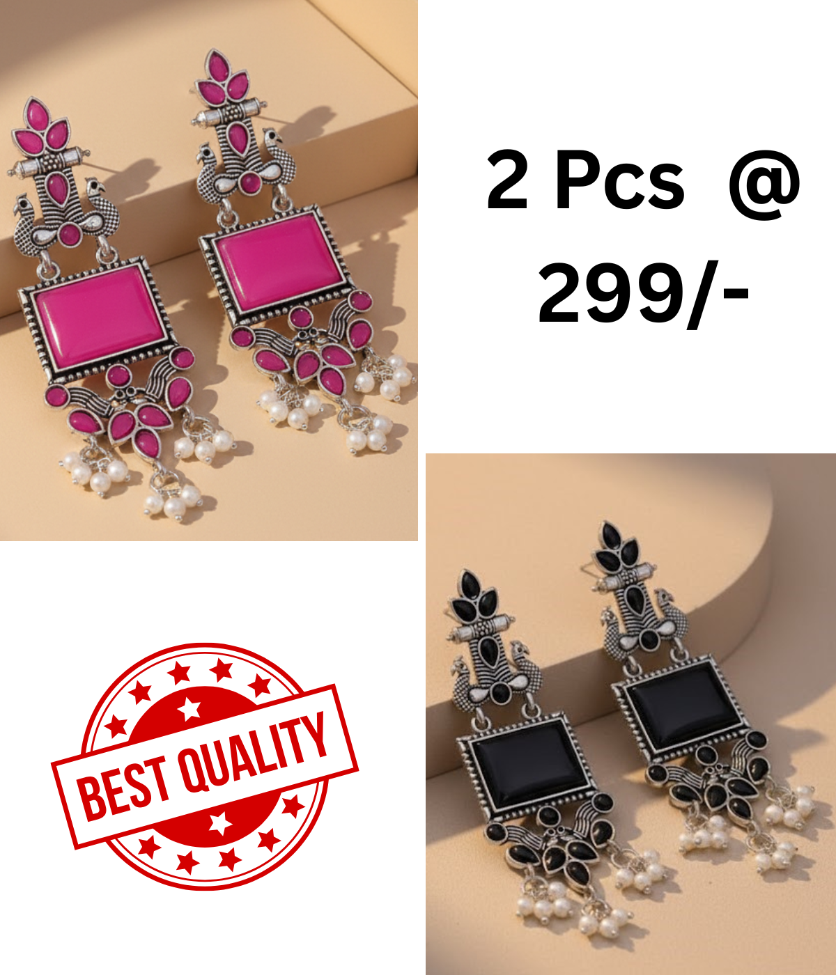 Vibrant Oxidized Peacock Drop Earrings with Magenta and Mint Green Stones