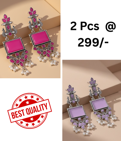 Vibrant Oxidized Peacock Drop Earrings with Magenta and Mint Green Stones