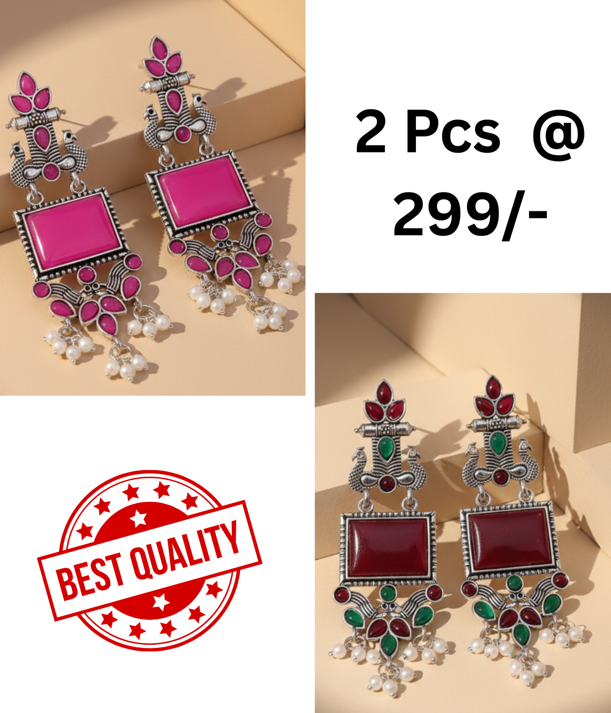 Vibrant Oxidized Peacock Drop Earrings with Magenta and Mint Green Stones