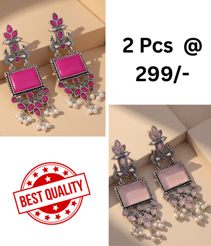 Vibrant Oxidized Peacock Drop Earrings with Magenta and Mint Green Stones