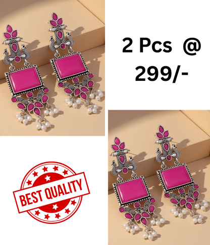 Vibrant Oxidized Peacock Drop Earrings with Magenta and Mint Green Stones