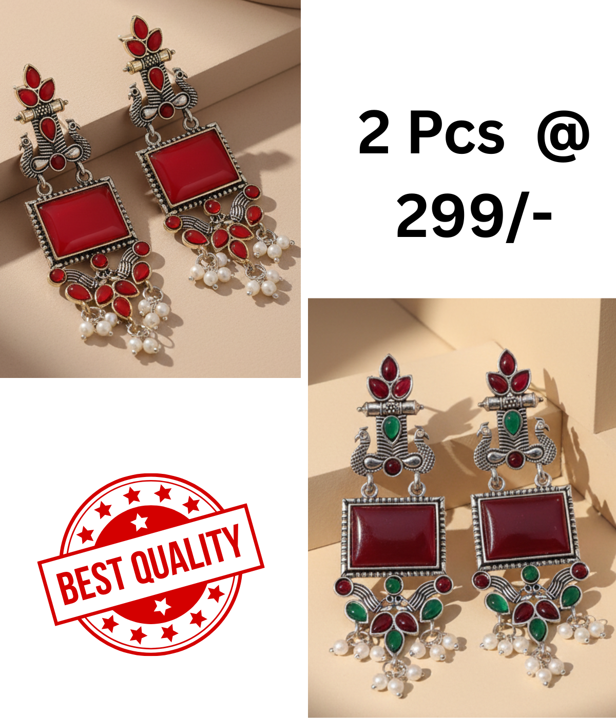 Stunning Oxidized Peacock Dangle Earrings in Red & Black