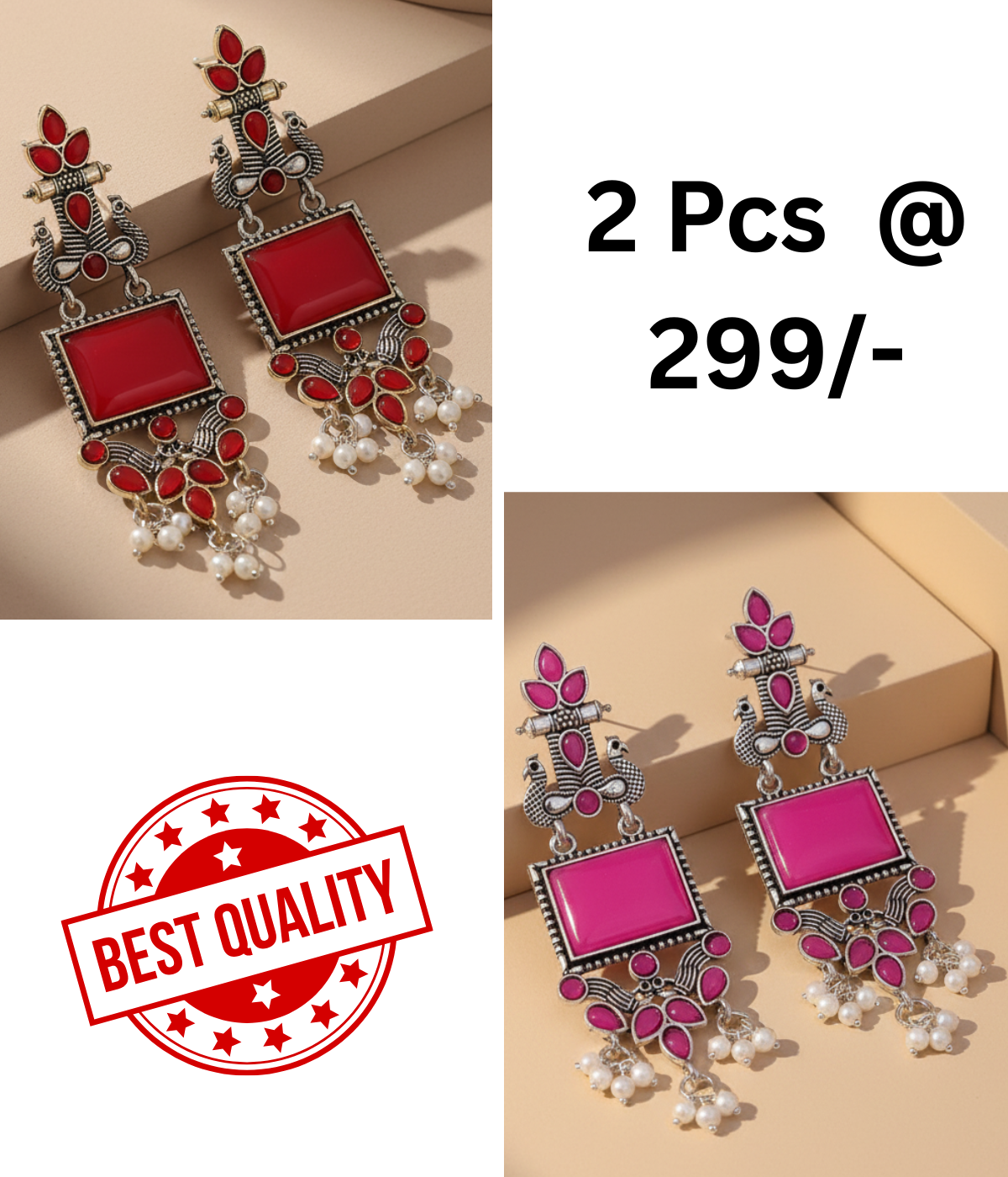 Stunning Oxidized Peacock Dangle Earrings in Red & Black
