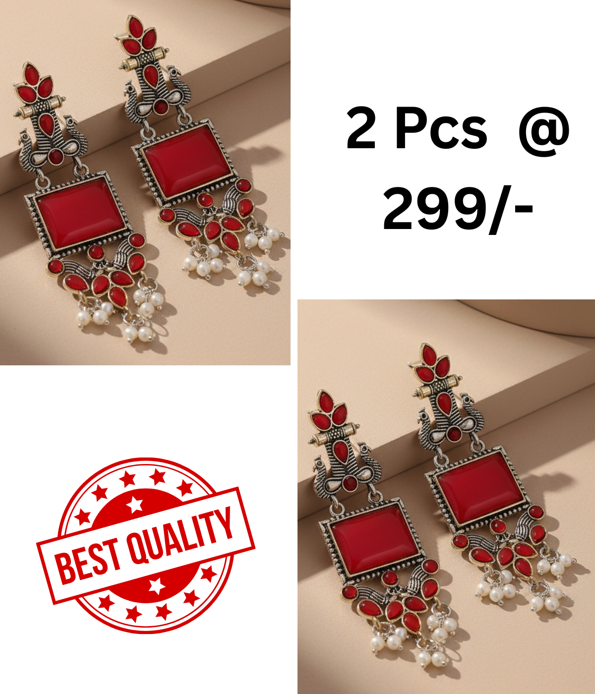 Stunning Oxidized Peacock Dangle Earrings in Red & Black