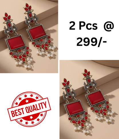 Stunning Oxidized Peacock Dangle Earrings in Red & Black