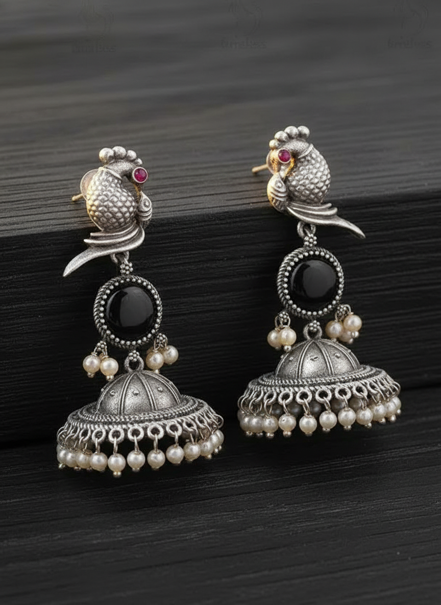 Elegant Oxidized Silver Peacock Jhumka Earrings with Black Stone & Pearls