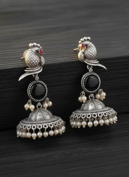 Elegant Oxidized Silver Peacock Jhumka Earrings with Black Stone & Pearls