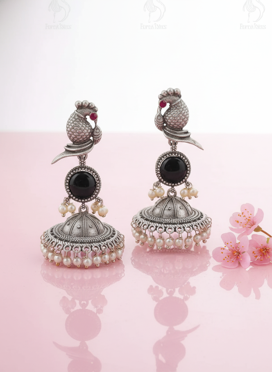Elegant Oxidized Silver Peacock Jhumka Earrings with Black Stone & Pearls
