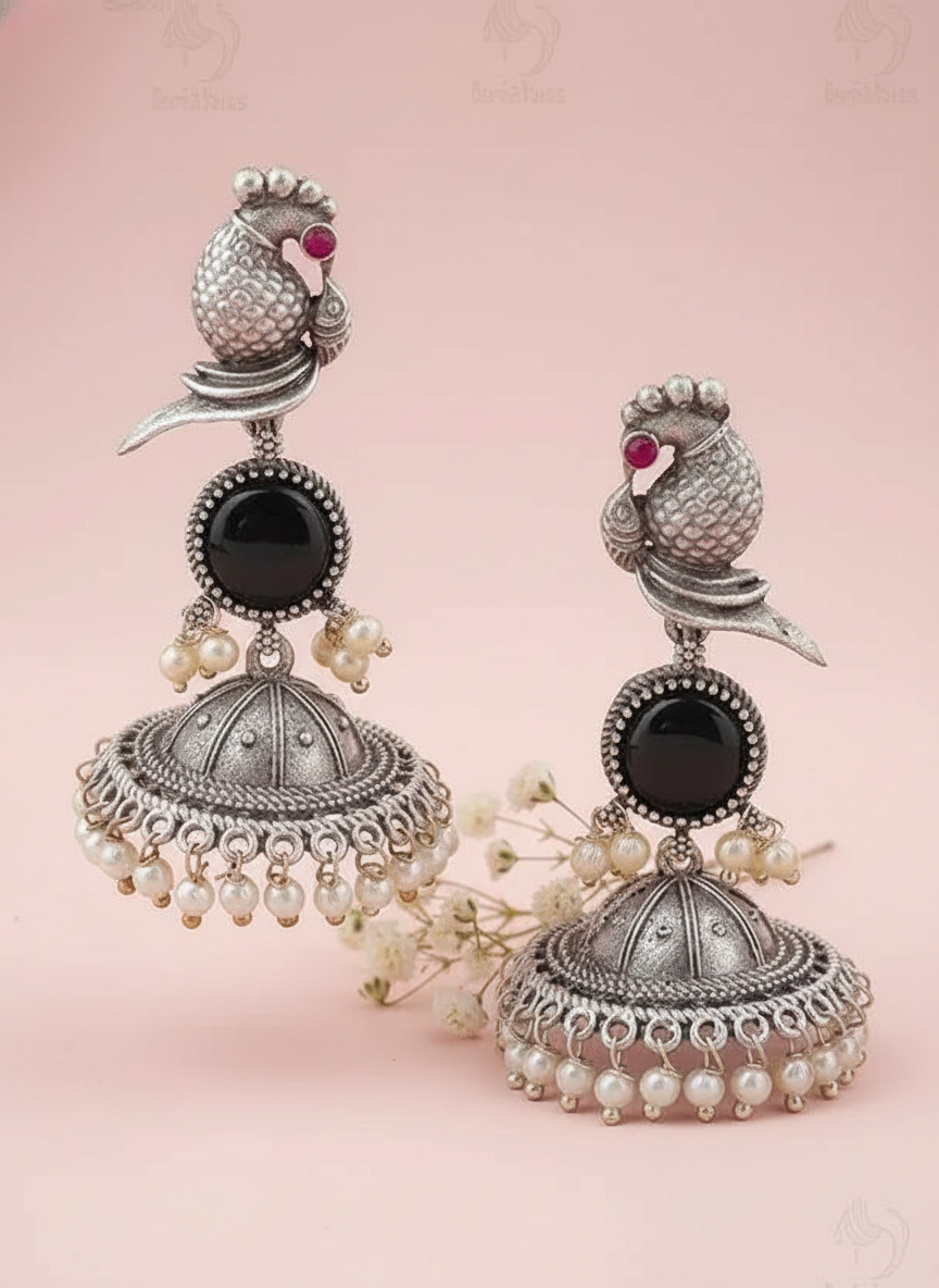 Elegant Oxidized Silver Peacock Jhumka Earrings with Black Stone & Pearls