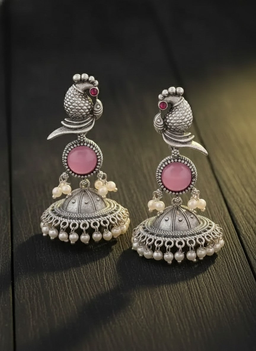 Oxidized Silver Peacock Jhumka Earrings with Pink Stone and Pearls