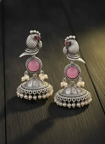 Oxidized Silver Peacock Jhumka Earrings with Pink Stone and Pearls