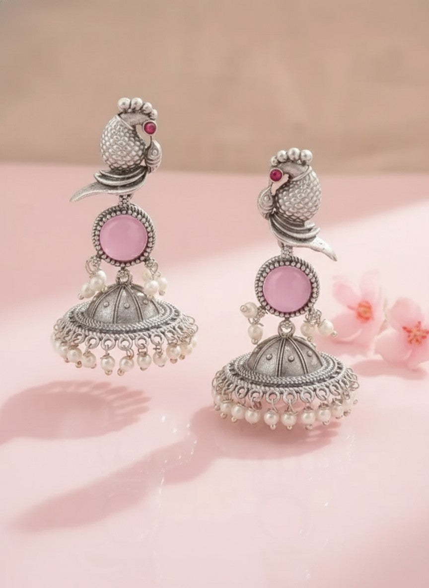 Oxidized Silver Peacock Jhumka Earrings with Pink Stone and Pearls