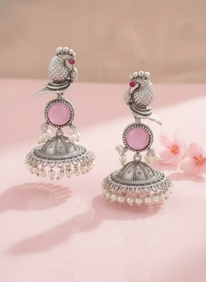 Oxidized Silver Peacock Jhumka Earrings with Pink Stone and Pearls